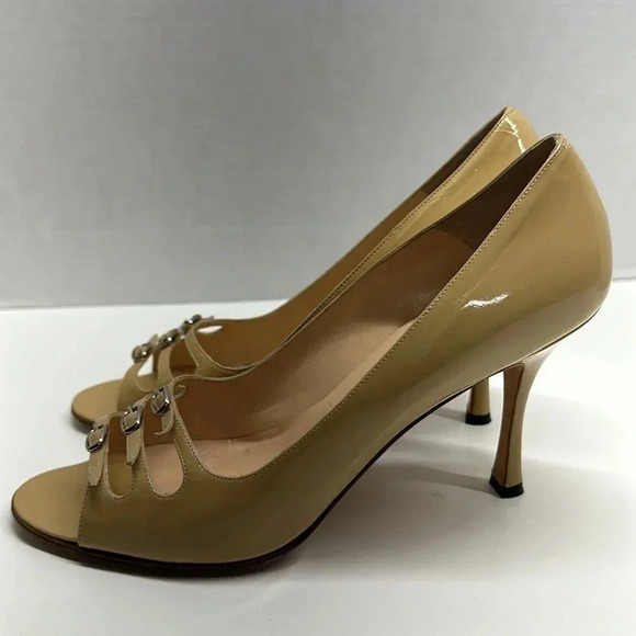 Manolo Blahnik High Heel Shoes Patent Leather Open Toe 3 Buckle Tan Nude Size 40 - Picture 5 of 12